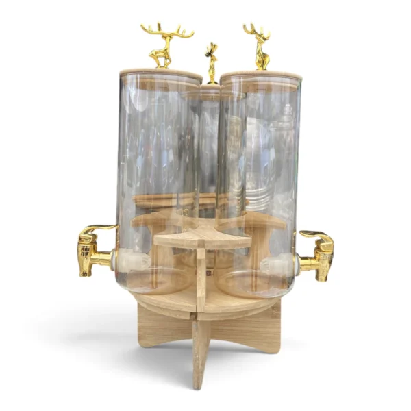 3-Jar Beverage Dispenser Set with Wooden Stand – Premium Glass Drink Dispenser, Set of 3