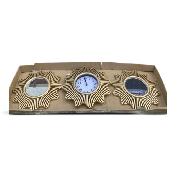 IMG_1042 3-Piece Gold Sunburst Wall Clock and Mirror Set