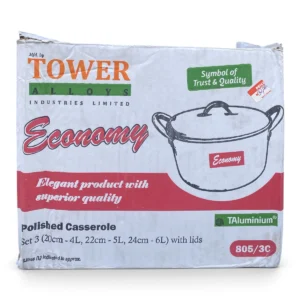Tower Alloys Economy Polished Casserole Set – 3 Pieces (20cm/4L, 22cm/5L, 24cm/6L)