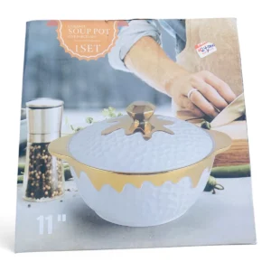11" Ceramic Soup Pot (Fine Porcelain, Gold Drip Design)